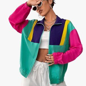 Women's Lightweight Colorblock Pink/Teal/Purple Windbreaker, XL